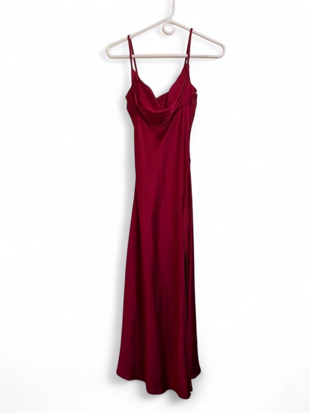 By Together Burgundy Satin Cowl Neck Maxi Dress